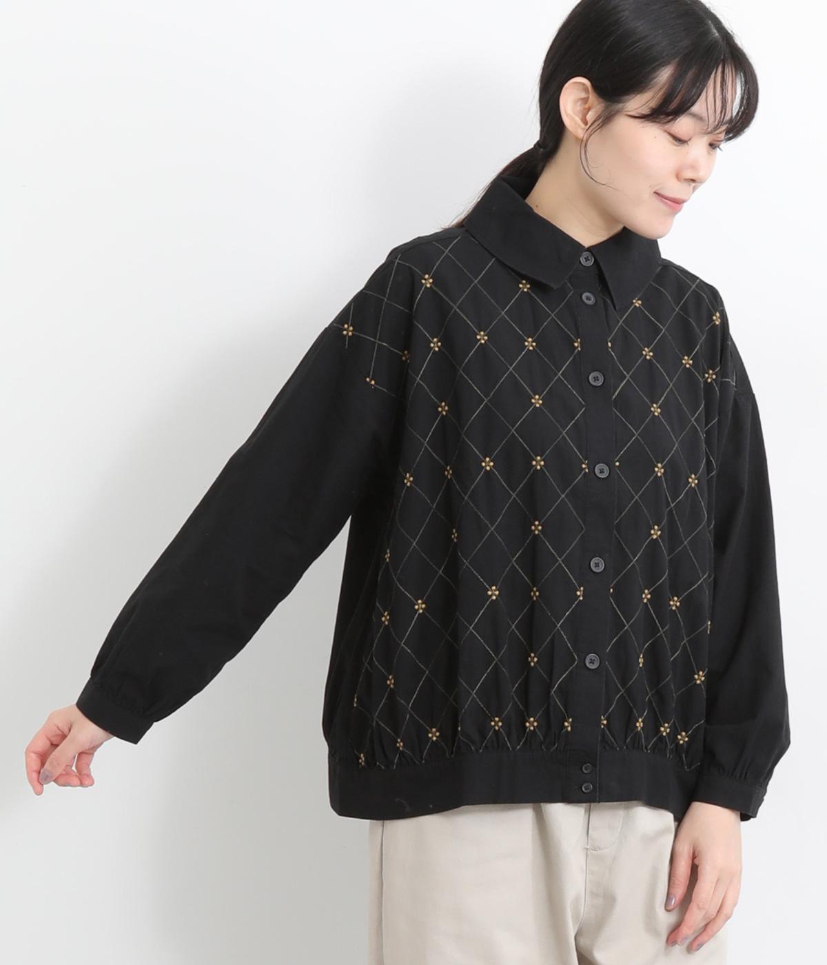 格子お花刺繍カーディガン(ブラック-F)