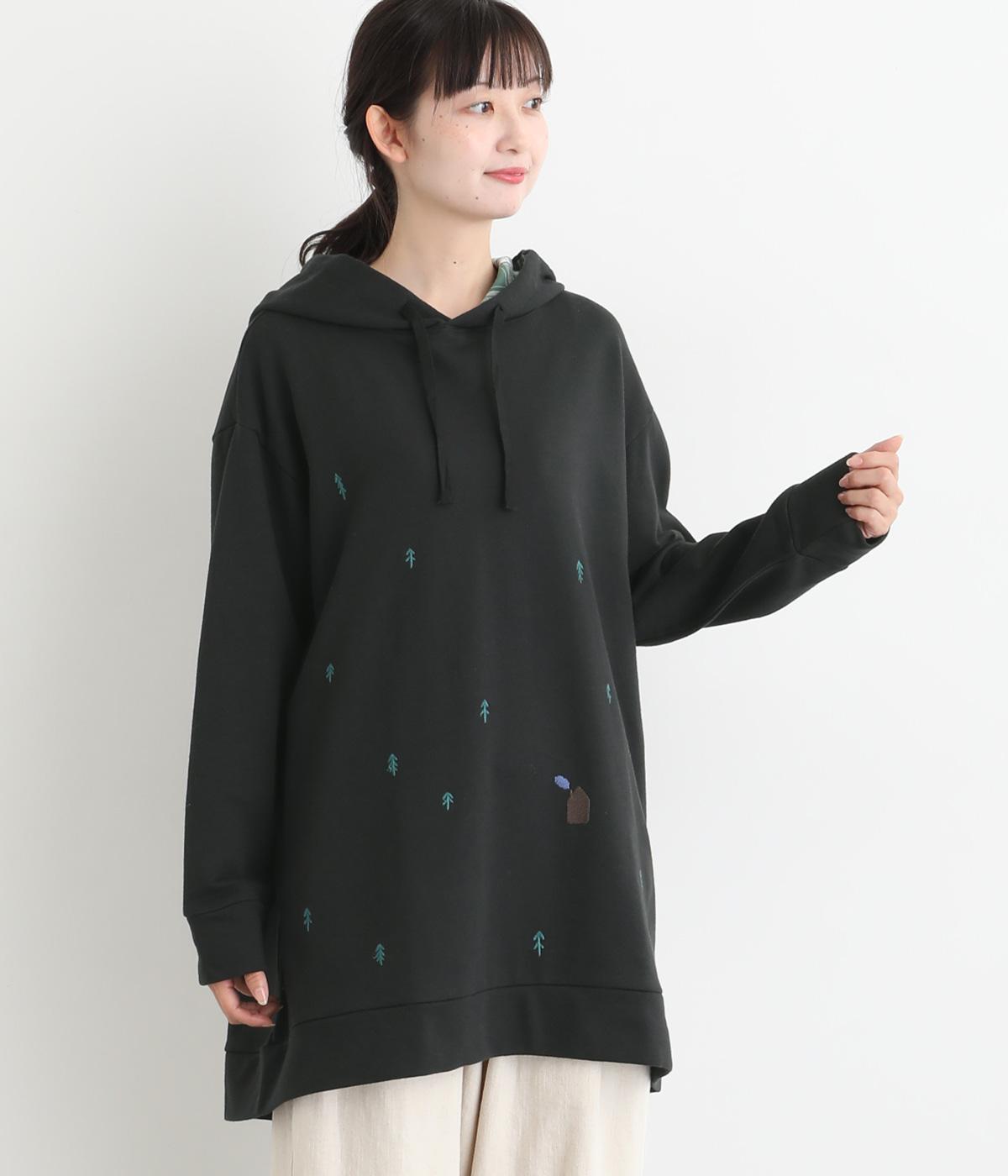 裏毛森小屋の刺繍パーカチュニック(ブラック-F)