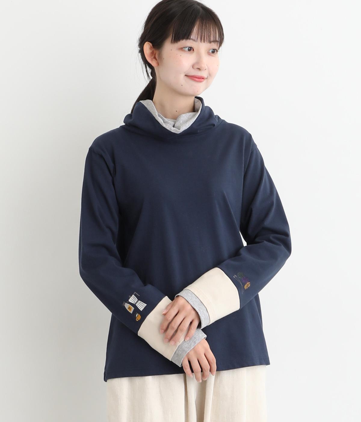 コットンひと息刺繍袖切替えタートル(ネイビー-F)