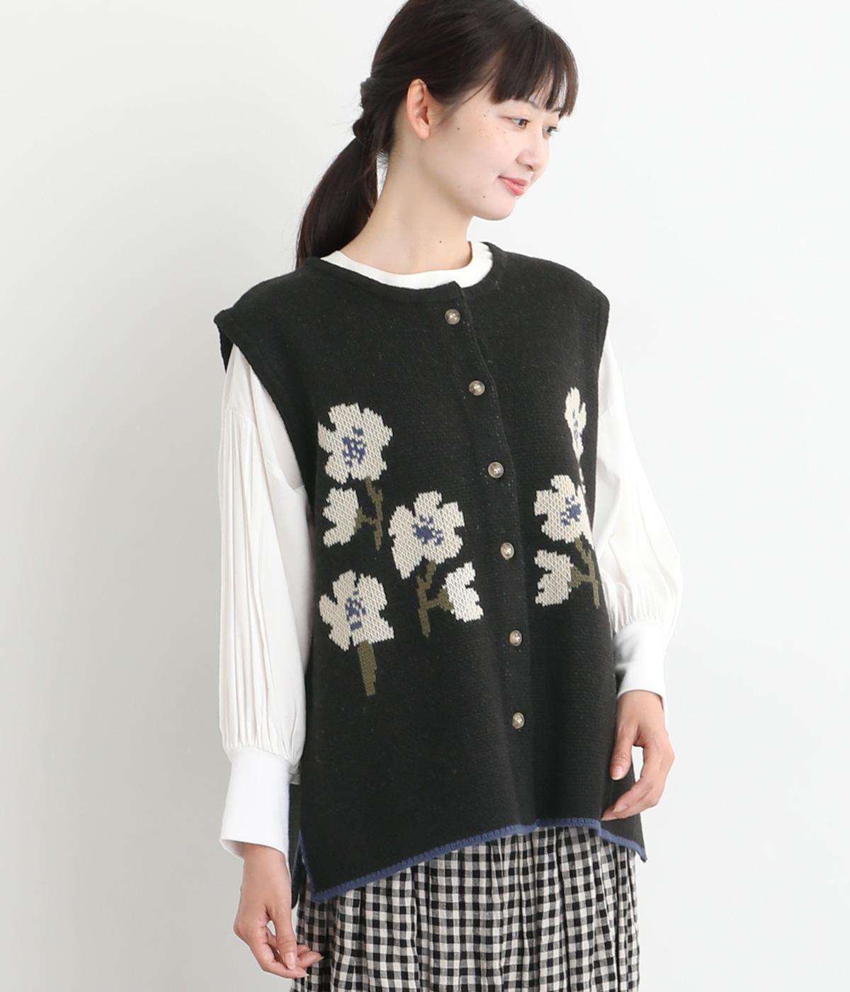 花ジャカードベスト(ブラック-F)