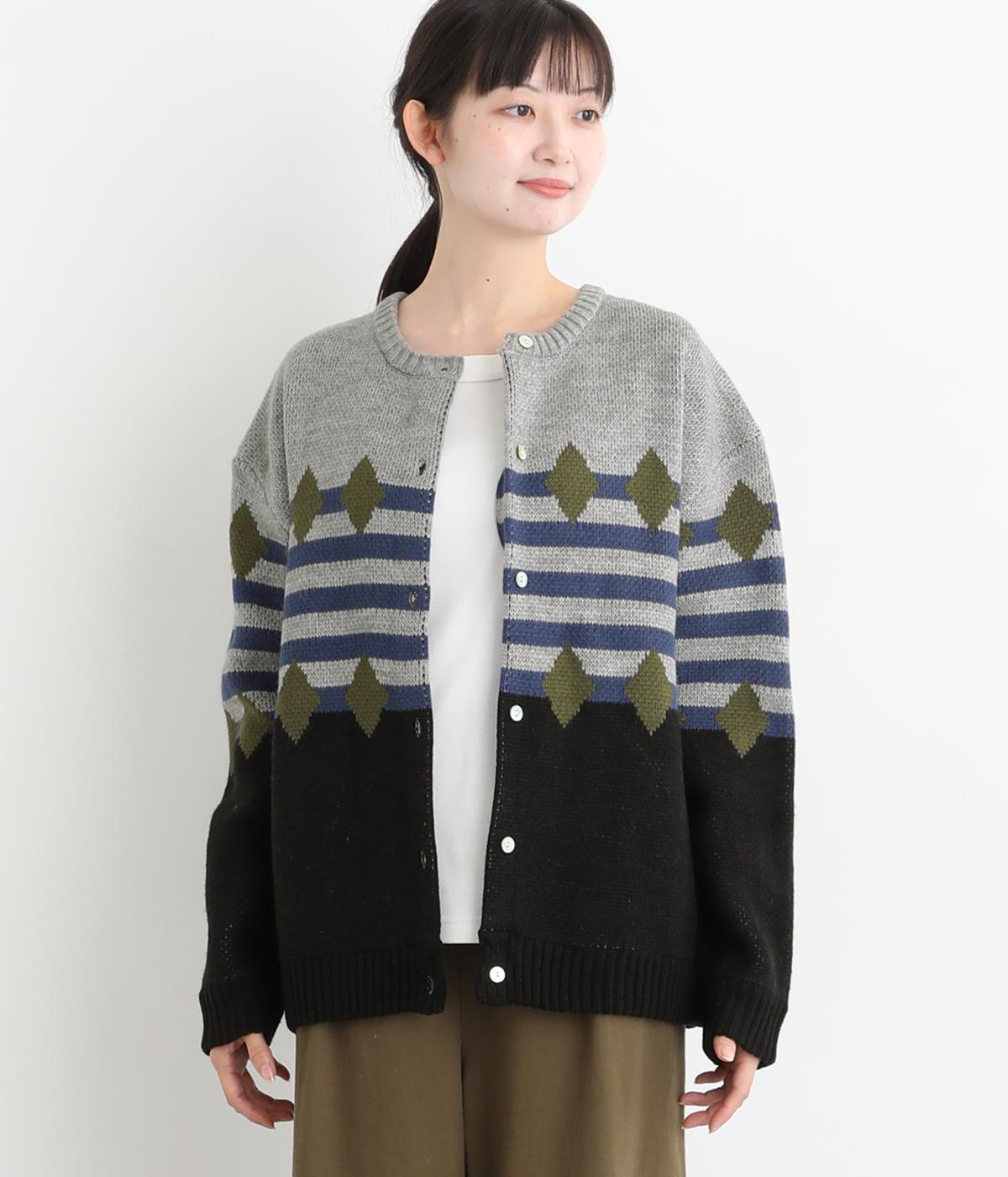 三段ジャカードカーディガン(杢グレー-F)