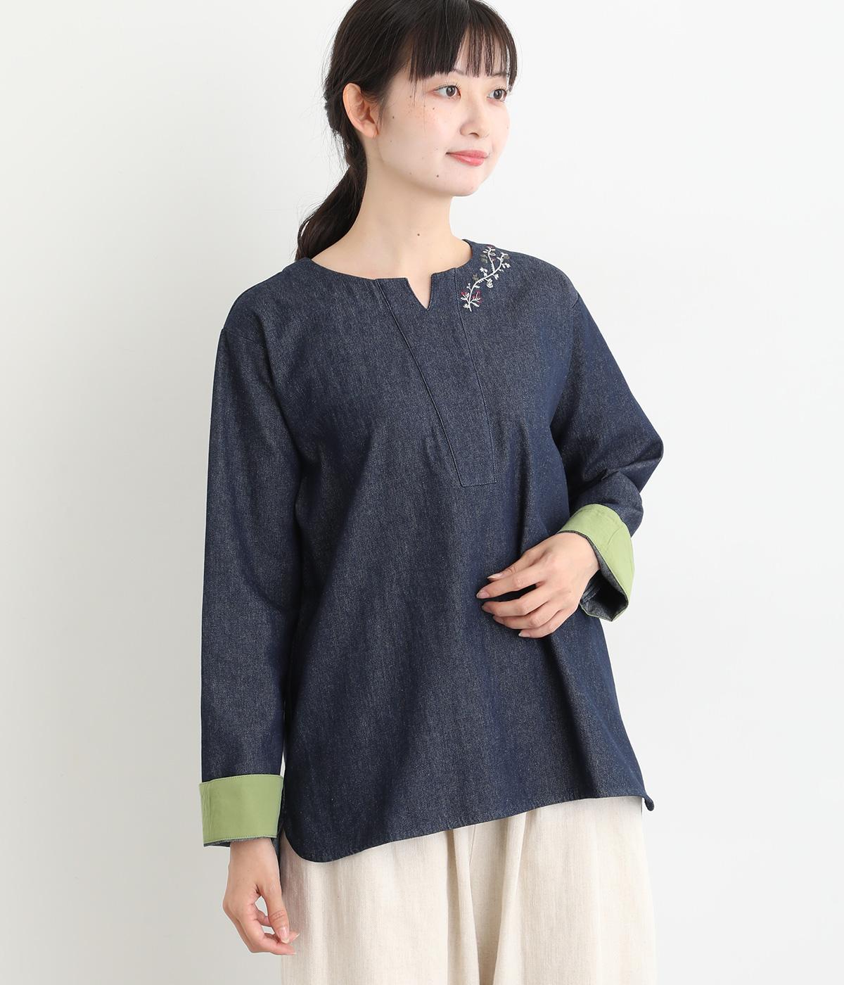 45プチデニムのスモックブラウス 45R45プチデニムのパフブリッジブラウス（インディゴ 濃）: WOMEN｜45R