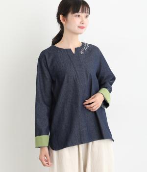 45R ハケ目 花柄 刺繍 インディゴ ブラウス 2 ネイビー 45rpm 美品 45R