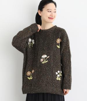 チェック編みとお花刺繍プルオーバー(ブラック-F)