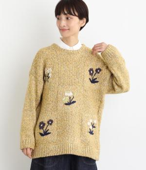 チェック編みとお花刺繍プルオーバー(マスタード-F)