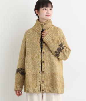 花刺繍ハイネックカーディガン(マスタード-F)
