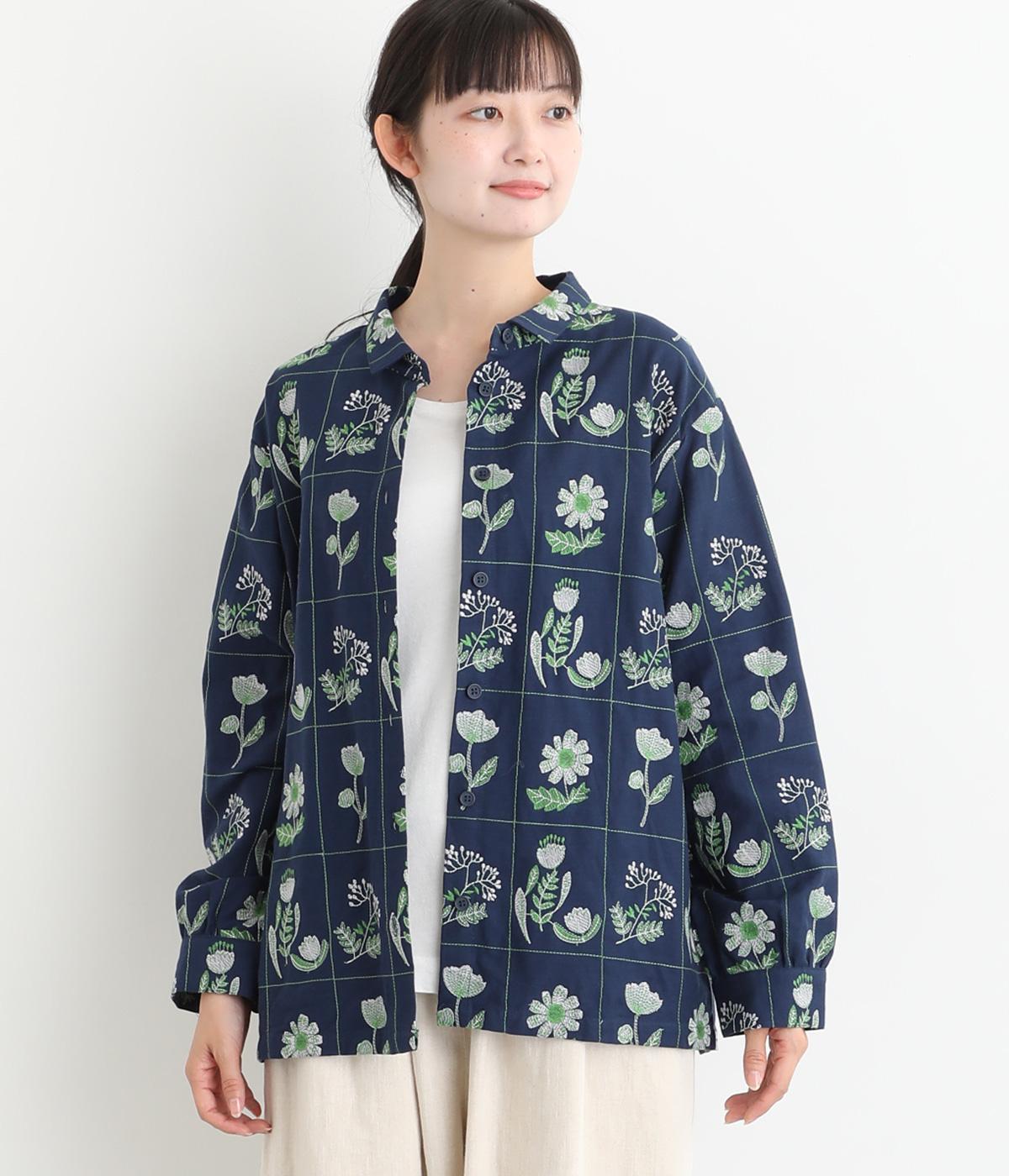 お花とライン刺繍シャツ(ネイビー-F)