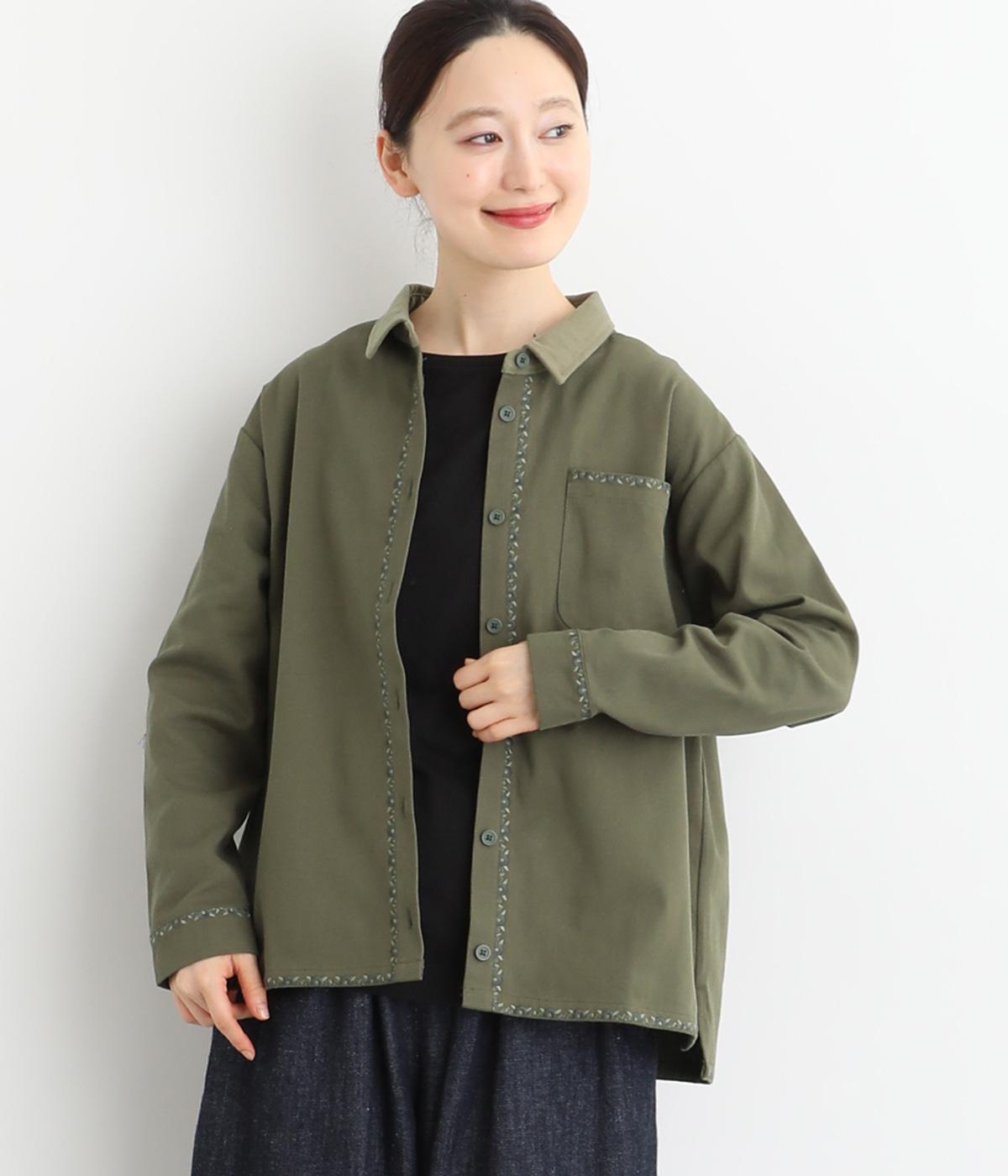 コットンツイル植物ライン刺繍シャツ(グリーン-F)