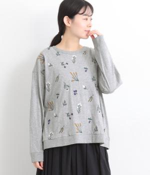 微起毛コットン天竺花刺繍タックプルオーバー