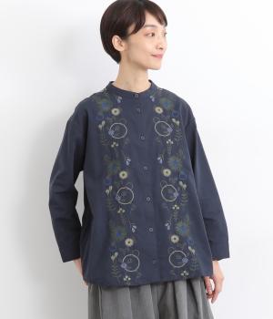 コットン布帛花パーツ刺繍シャツ(ネイビー-F)