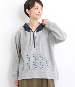 裏毛葉っぱ刺繍パーカ(杢グレイ-F)