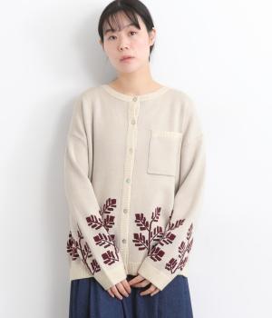 12ゲージふくもちニット植物ジャカードカーディガン(アイボリー-F)