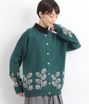 12ゲージふくもちニット植物ジャカードカーディガン(ブルー-F)