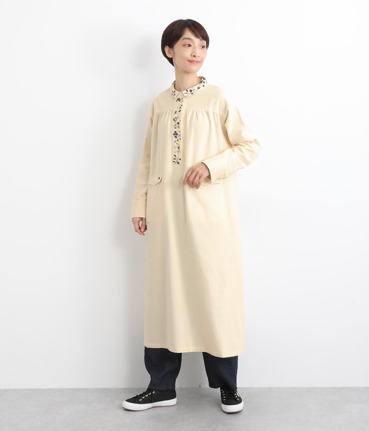 起毛コットン布帛襟花刺繍ワンピース(アイボリー-F)