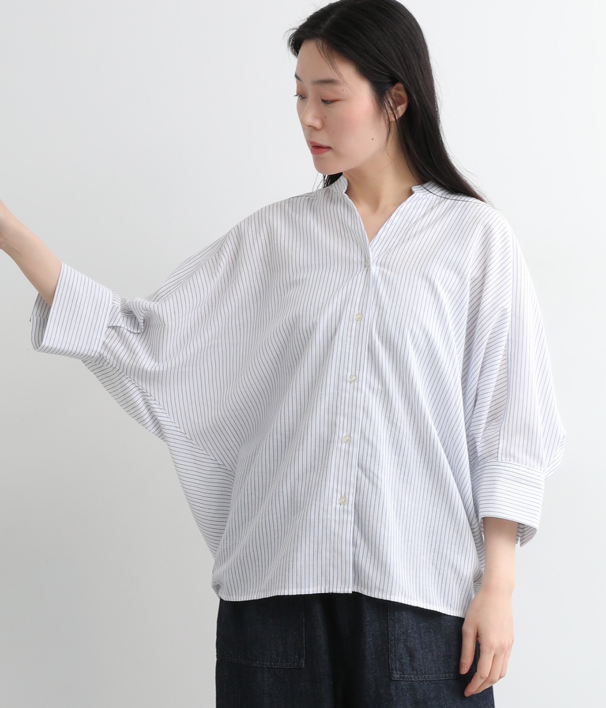 UV冷感シアーポリリネンコクーンドルマンブラウス(オフストライプ-ONESIZE)