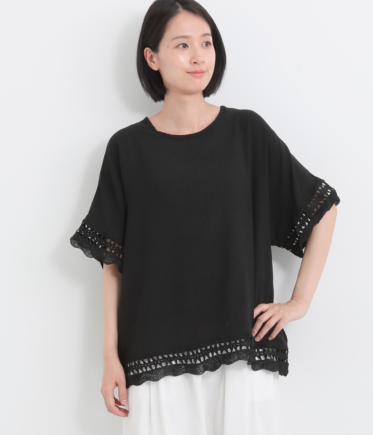 かぐれ コットンレースポンチョプルオーバー 黒