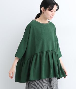 ストレッチ7分袖裾ギャザープルオーバー