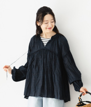 コットンボイルギャザーフリルクリンクルブラウス