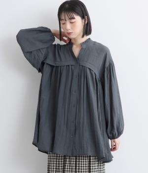 スラブシアーフリルスタンド襟ギャザーチュニック