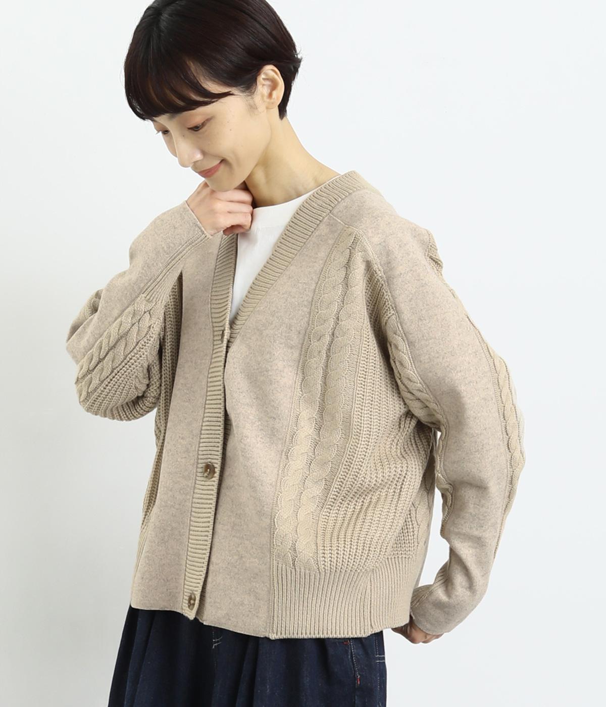 ニット×メルトンドッキングカーディガン(ベージュ-F)