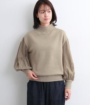 ストレッチプリーツ袖ハイネックニットプルオーバー