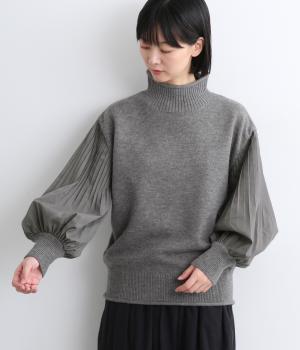 ストレッチプリーツ袖ハイネックニットプルオーバー(杢グレー-F)