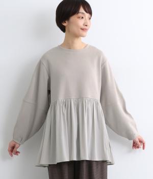 ランタン袖異素材ギャザープルオーバー(グレー-F)