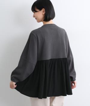 ランタン袖異素材ギャザープルオーバー(チャコール-F)
