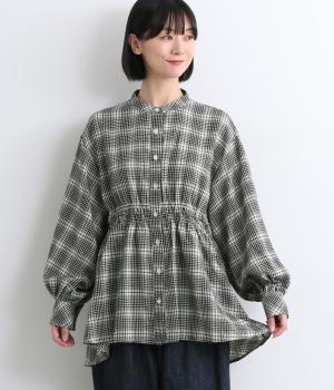 レーヨン起毛チェックウエストギャザーチュニックブラウス(アイボリーチェック-F)