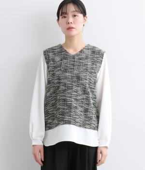 ラメカットツイード異素材レイヤード風プルオーバー(ブラック-F)