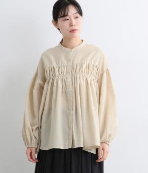 チェック×無地シャーリングブラウス