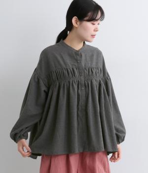 チェック×無地シャーリングブラウス(チャコール-F)