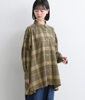 チェック×無地袖タックテントチュニックブラウス(ベージュチェック-F)