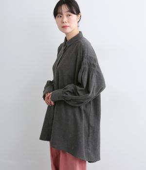 チェック×無地袖タックテントチュニックブラウス(チャコール-F)