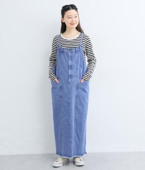 カラーデニム脚長スタイルアップジャンパースカート(ブルー-F)
