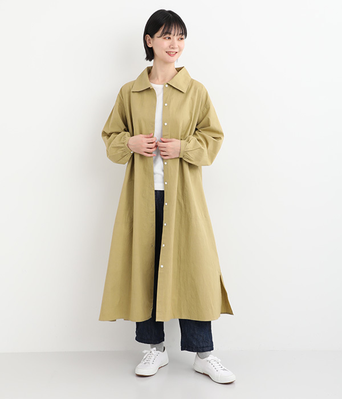 ichi イチ コットン バンドカラースリットワンピース ベージュ