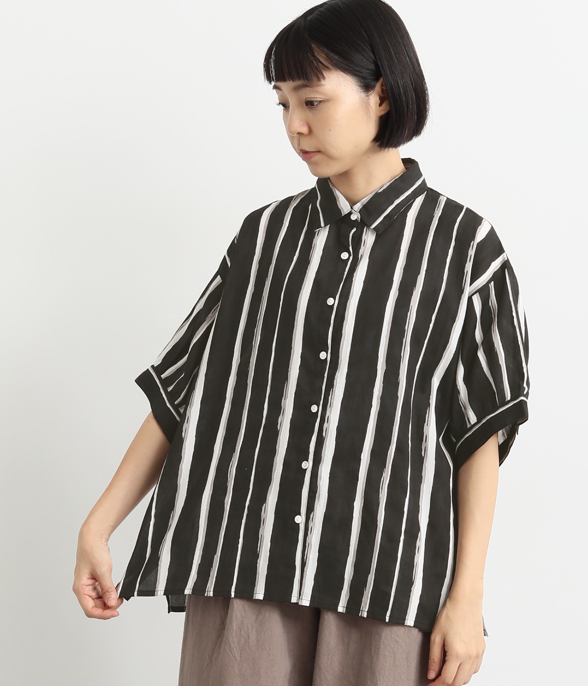 コードコットンストライププリント半袖シャツ(ブラック-ONESIZE)