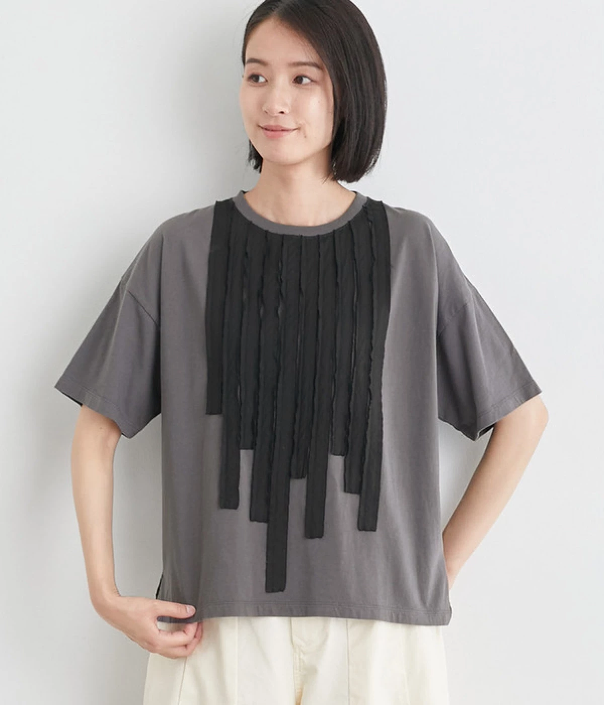 天竺布帛フリンジTシャツ(チャコール-ONESIZE)
