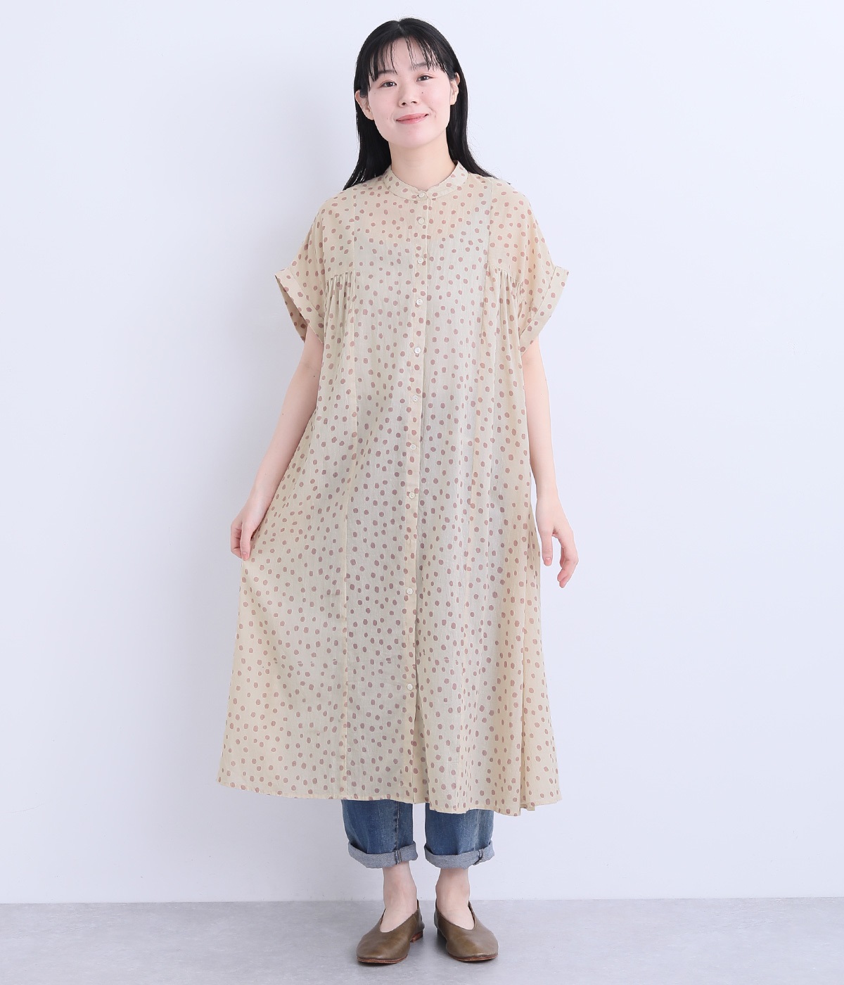 極美品‼️ANAYI サークルローププリント プリーツ襟 ワンピース リネンライクフラワープリント切り替えワンピース | ANAYI