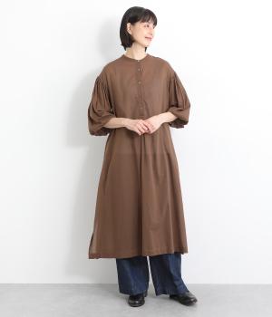 ボイルバルーンシャツワンピース7分袖(ブラウン-ONESIZE)