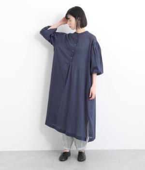 ボイルバルーンシャツワンピース7分袖(ネイビー-ONESIZE)