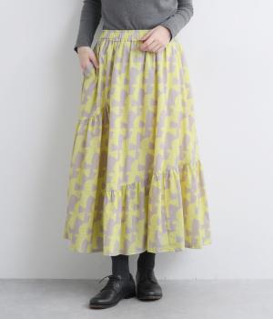 ヴィンテージ加工鳥プリントランダムティアードスカート