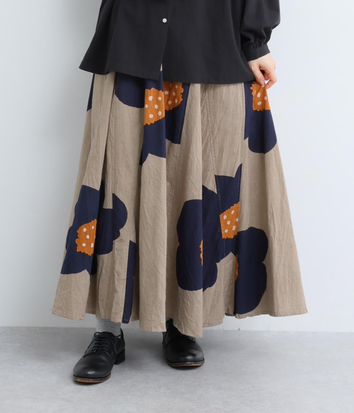 ヴィンテージ加工大花プリントサーキュラースカート(グレー-F)