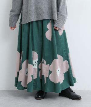 ヴィンテージ加工大花プリントサーキュラースカート(グリーン-F)