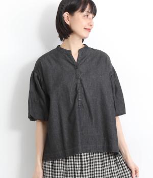 デニムバルーンシャツプルオーバー6分袖(ブラック-F)