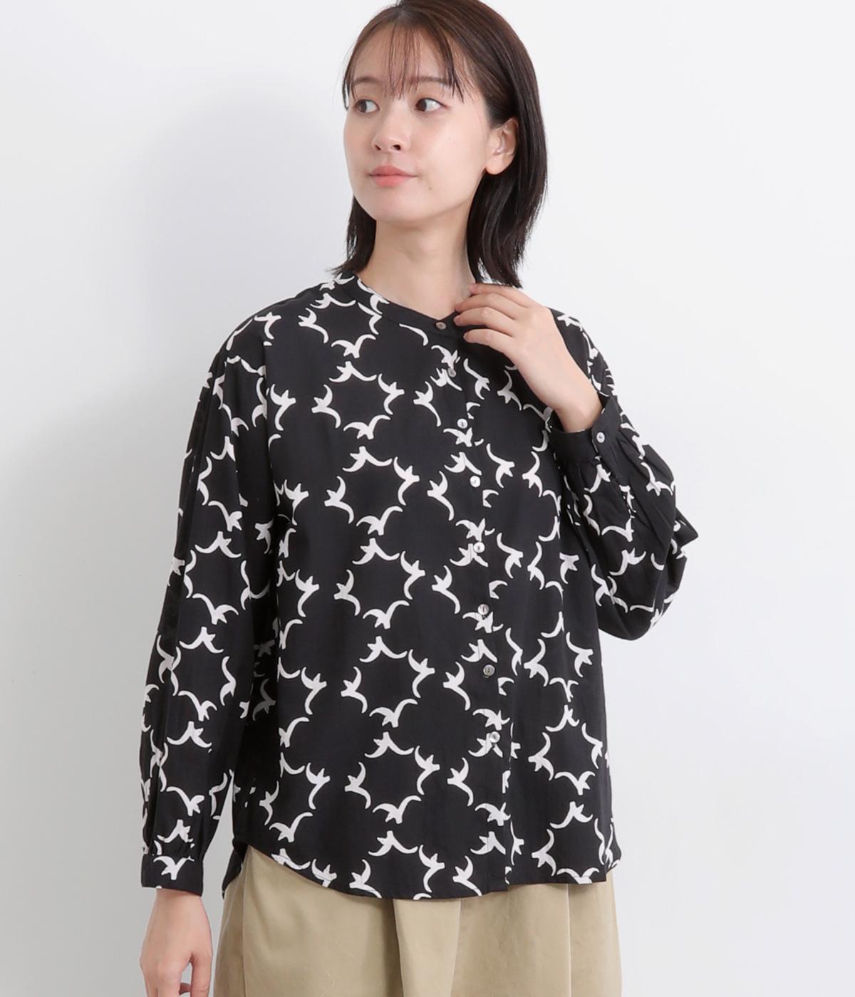 コードコットンカモメプリント長袖シャツ(ブラック-F)