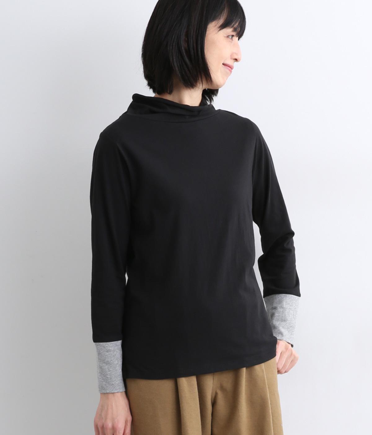 天竺配色ハイネック(ブラック×チャコールグレイ-F)