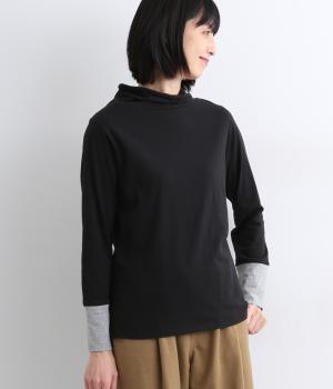 天竺配色ハイネック(ブラック×チャコールグレイ-F)