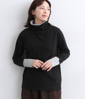 天竺配色2枚重ねタートルネック(ブラック×チャコールグレイ-F)