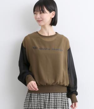 シアー天竺ロゴプリント配色クルーネック(ブラウン×ブラック-F)